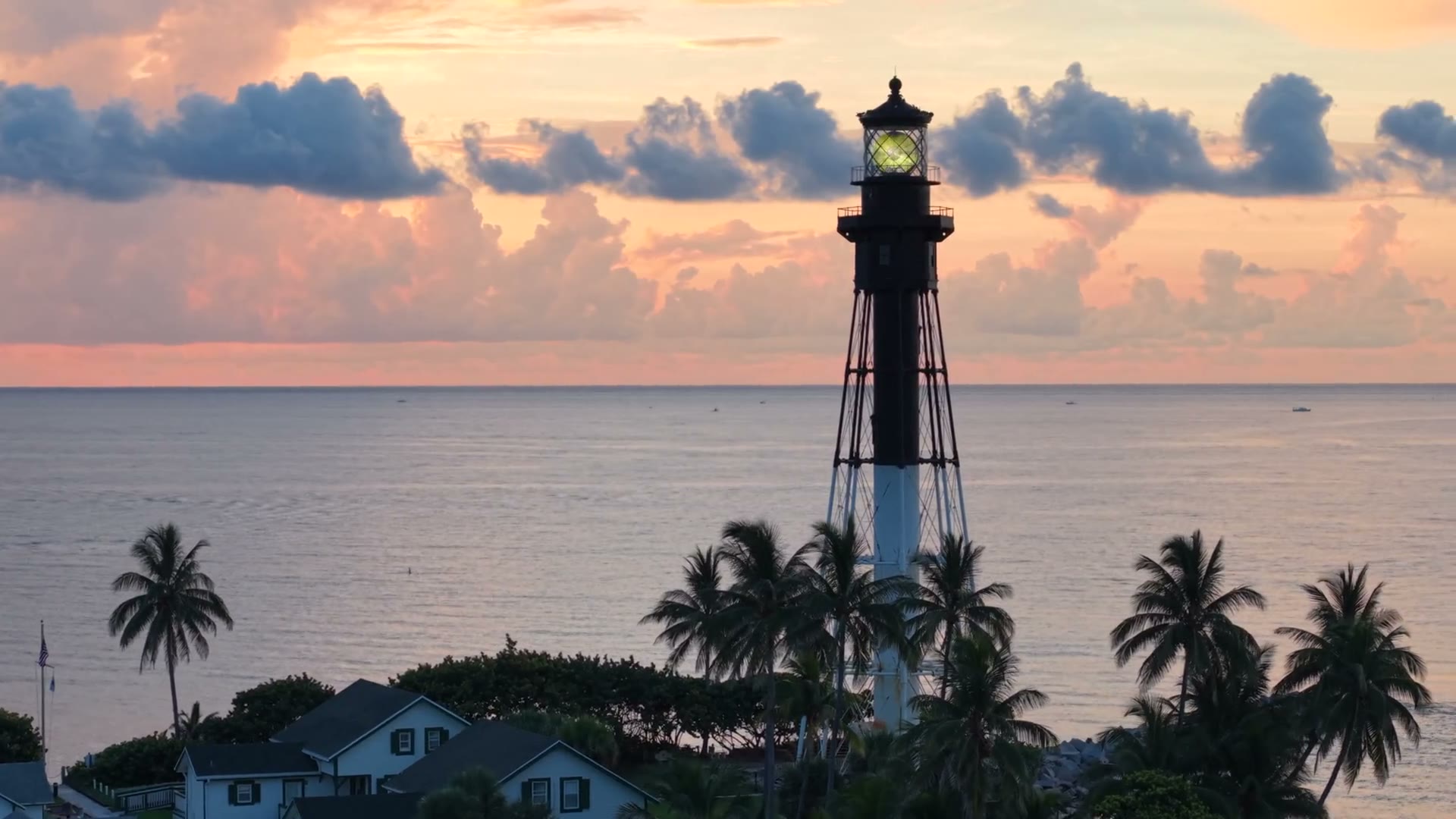 Hillsboro Lighthouse at golden hour, aerial photograph